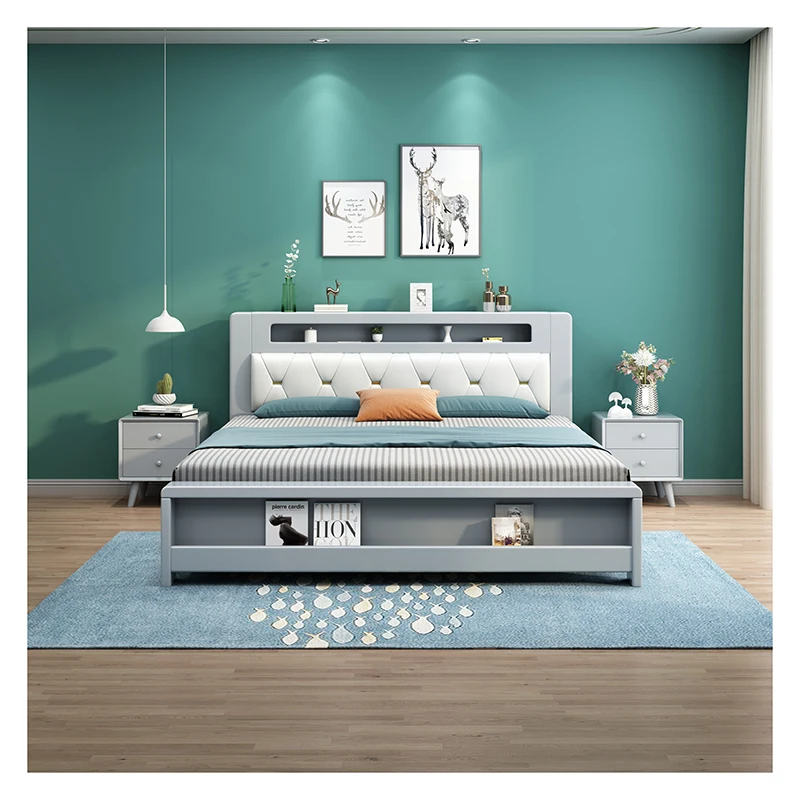 
Nordic solid wood bed master bedroom 1.8 m Japanese double bed modern minimalist apartment with soft cushion marriage bed 