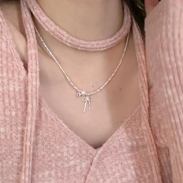 S925 sterling silver bow pink heart broken silver necklace sweet girl heart freshwater pearl necklace