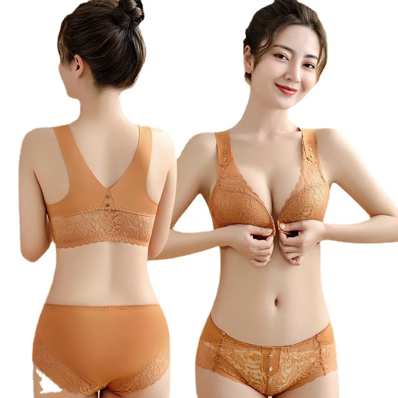 2021 Ladies Underwear Lingerie Thin Close-Up Auxiliary Breast Anti-Sagging Front Buckle Bra Panty Stylish Set