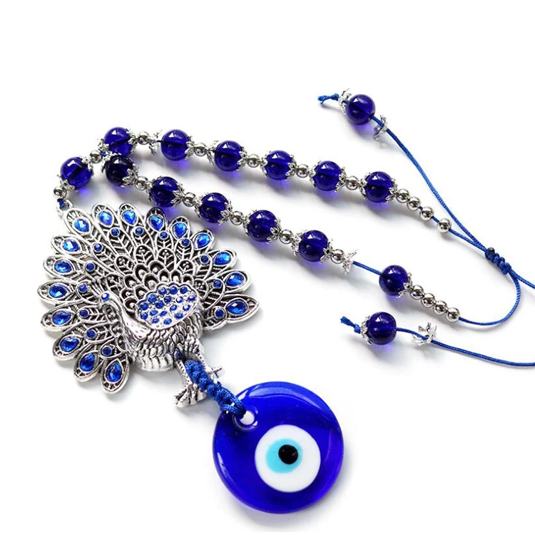 Blue Eyes Metal Peacocks Pendant Abstract Home Decor Talisman to Ward off Evil & Bring Good Luck Car Hanging & Wall Deco