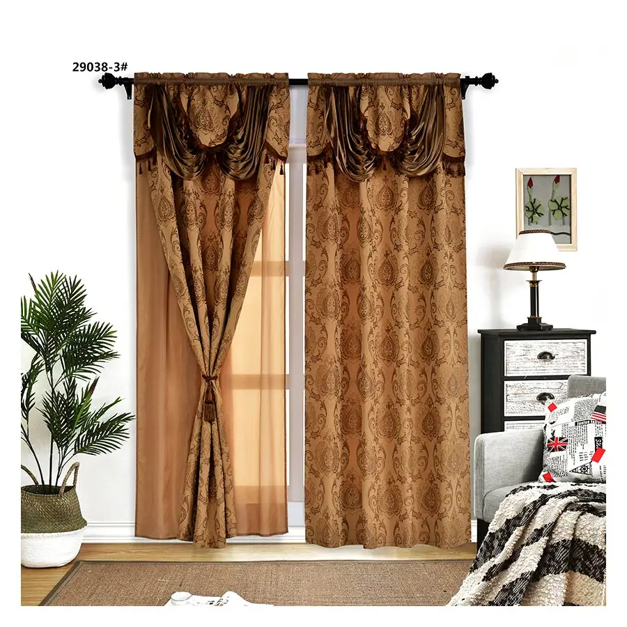 2pcs Beige Jacquard  Curtains Valance Fabric With Taffeta Backing And Tassels Design