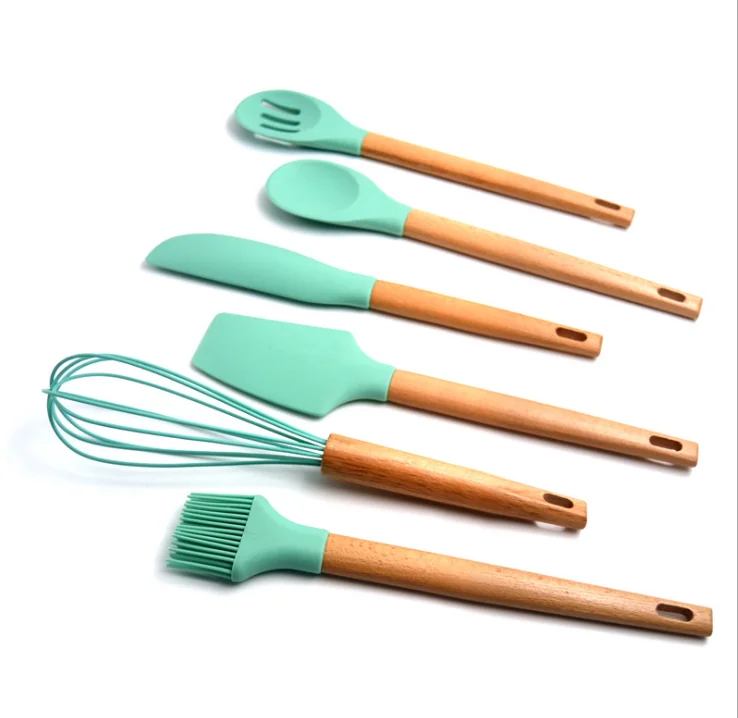
6pcs silicone baking cooking utensil set with wooden handle 