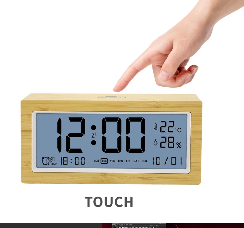 Hot  Bamboo table Alarm Clock Hot Selling Smart Digital Alarm LCD Clock Display Time Big Numbers Letters With Back Light