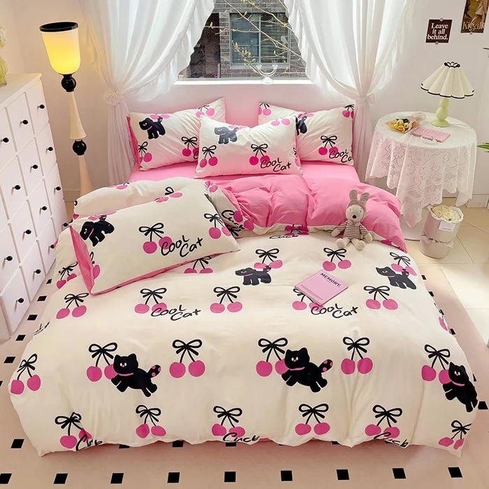 Manufacturer Modern Cartoon Cat Pattern Duvet Cover Set Animal Kitten Pink Washed Cotton Bedding Sets Queen King Size 4-in1 Set