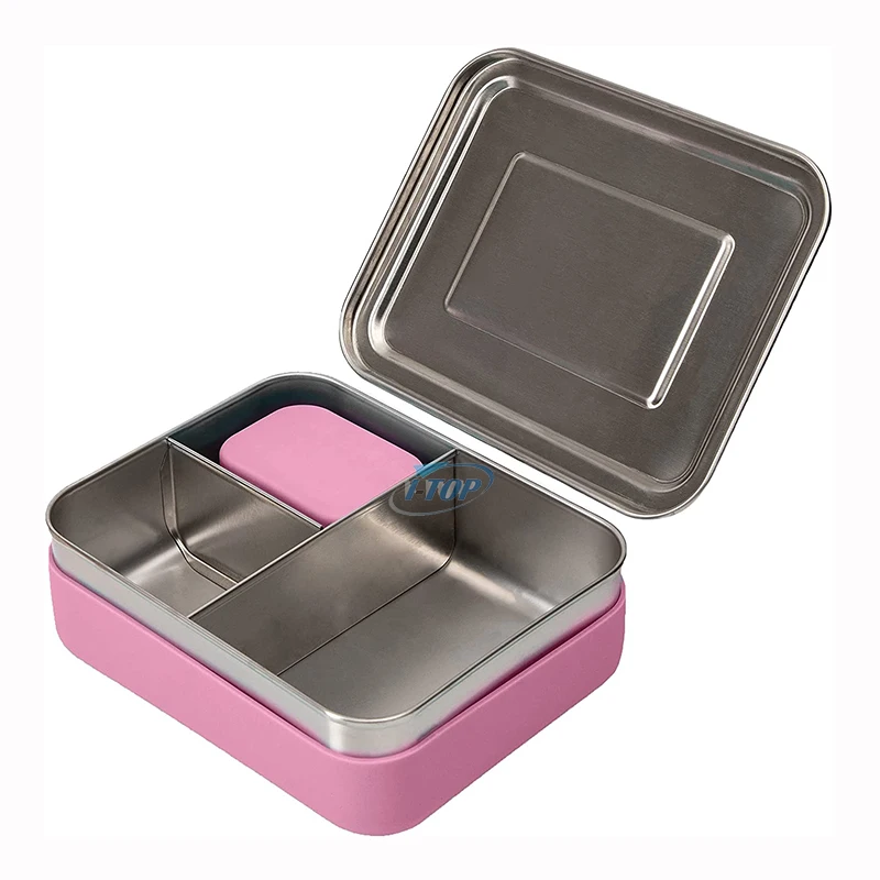 Custom Small Leakproof 304 Stainless Steel Food Containers for School Kids Rectangle Metal Lunch Boxes Bento with Silicone Lid