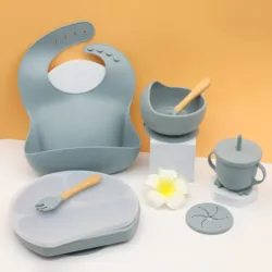 Non Toxic Lovely Safety Infant silicone bib bowl plate sippy cup Baby Weaning Set Gift Box Feeding Silicone Baby Feeding Set