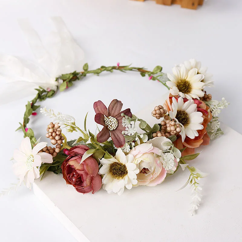 Adjustable Artificial Flower Headband Flower Wreath Crown Halo Headdress Bohemian Ribbon Wedding Party Supplies
