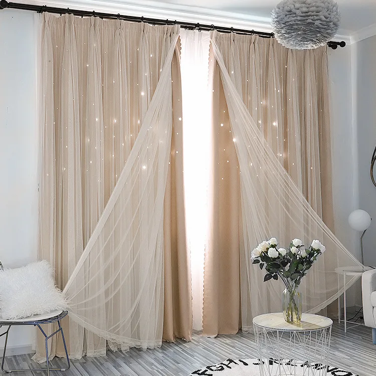 Double Lace Hollow Star Curtain Princess Wind Mesh Bedroom Living Room Blackout Curtains for Bedroom Kids Room