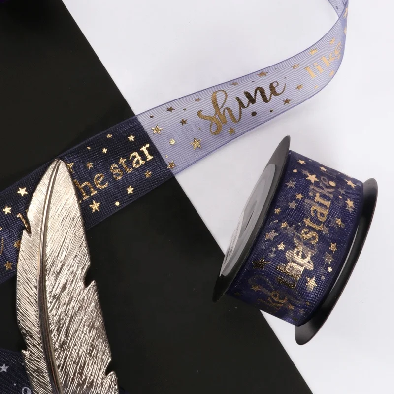  Ribest Print Ribbon Satin Grosgrain Blue Starry Sky With Logo Customized
