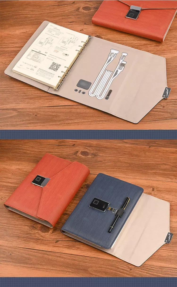 Smart Fingerprint Wireless Charging Power Bank Notebook Loose Leaf Business Journal Diary With Blue tooth Recording 16GB U Disk