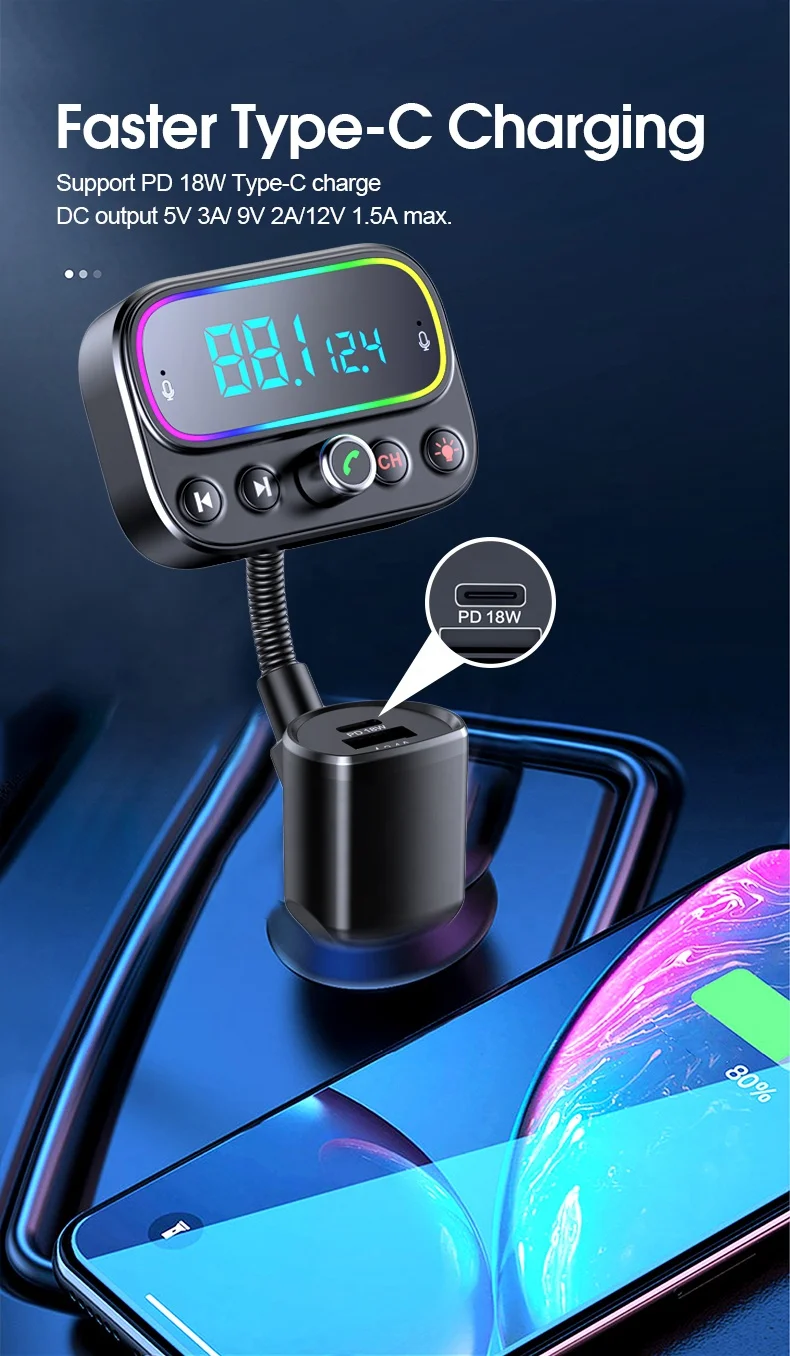 AGETUNR T67 BT V5.0 FM Modulator RGB light 20W PD 18W QC3.0 fast charge car mp3 player Handsfree U disk Music AUX Out Dual Mic