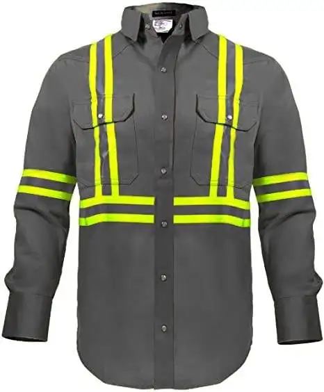 100% Cotton NFPA 2112 Custom Logo CAT 2 Flame Resistant High Visibility Long Sleeve Hi Vis FR Shirt