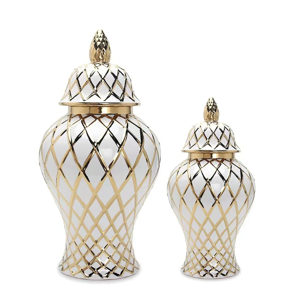 Home Decor Custom Wholesale Glazed White Electroplated Line Golden Ceramic Ginger Jar Flower Vase With Lid
