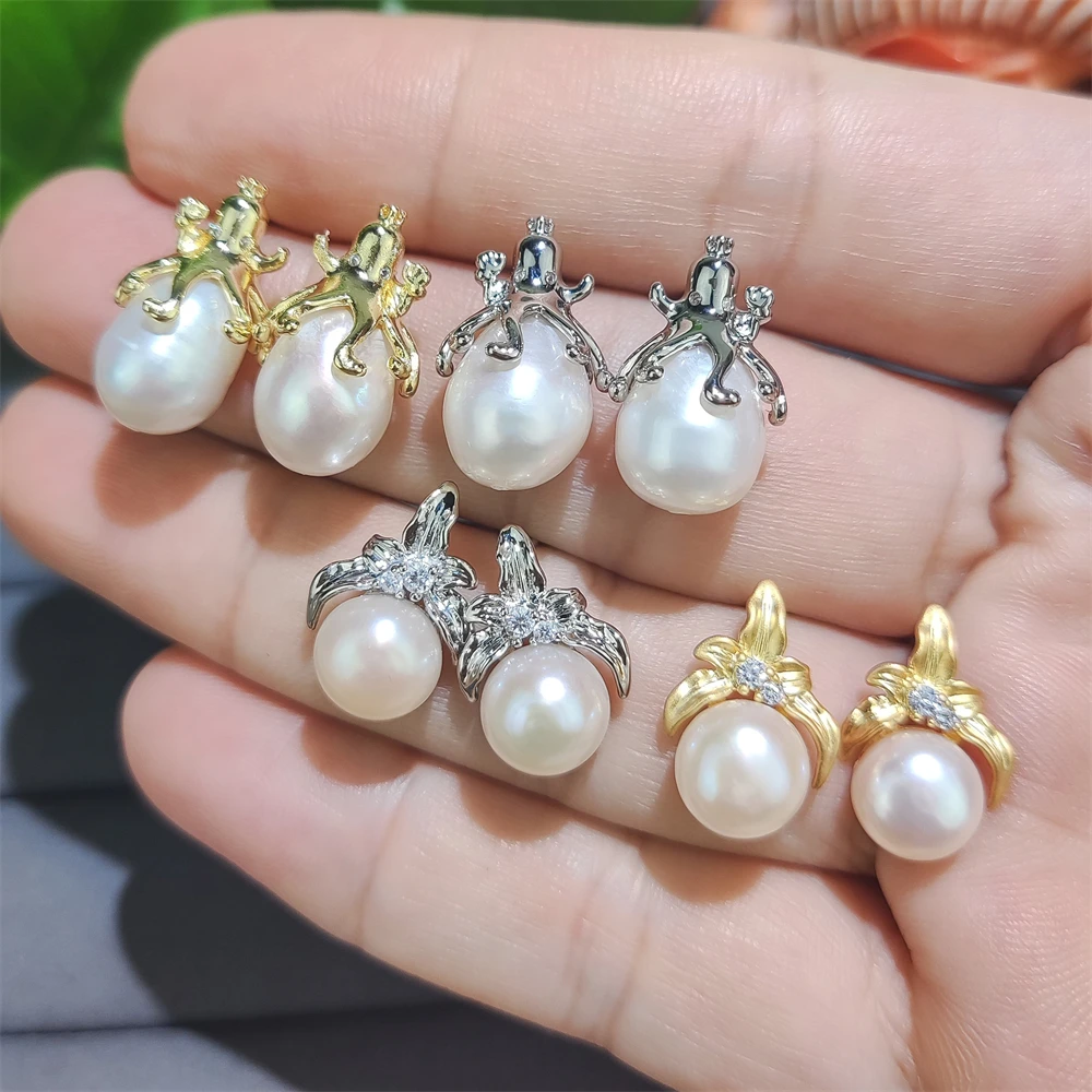 10MM Rice Pearl Natural Gems Freshwater Pearl Octopus Earrings Gold Plated Flower 9mm Bread Pearl Jewelry Ear ring for women