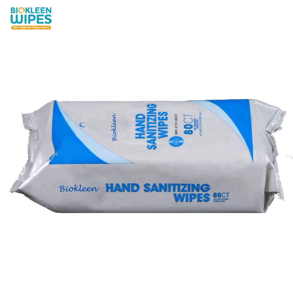 Biokleen Private Label OEM 80ct 75% Alcohol Antibacterial Hand Sanitizing Wipes