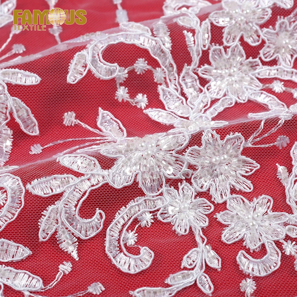 Роскошная кружевная ткань для невесты из белого тюля с бисером, Высококачественная вышитая ткань с жемчугом для женского свадебного платья