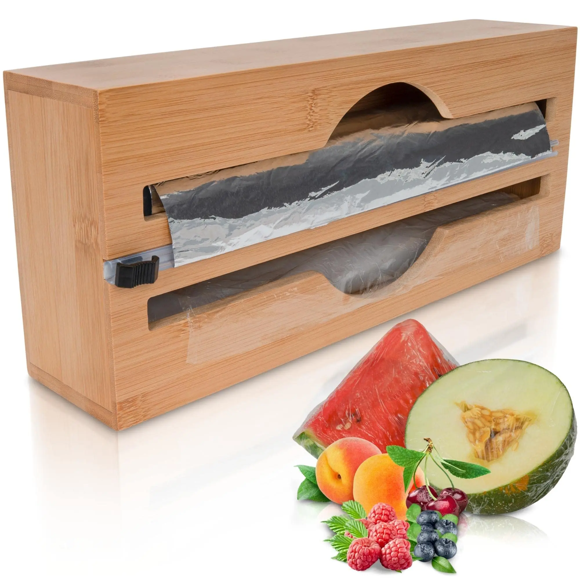 Диспенсер для бамбуковой фольги с резаком-2 в 1 со встроенным пластиковым слайслером, органайзер для фольги, диспенсер для выдвижных ящиков