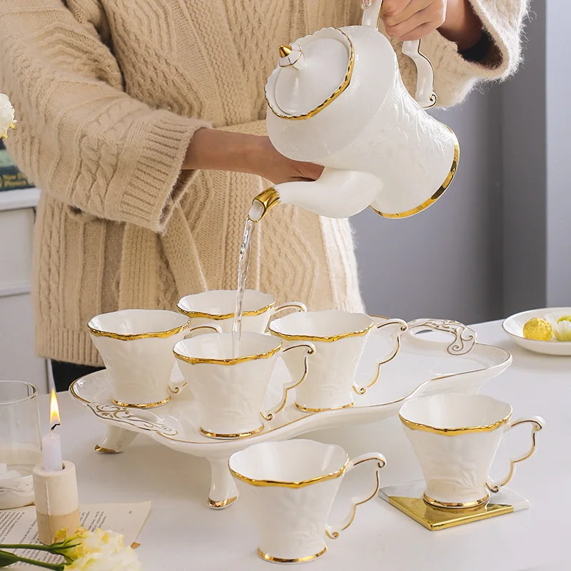 Hot Selling Luxury Afternoon Tea Set Restaurant White Gold Rim Ceramic Tea Cup Set Embossed Coffee & Tea Sets With Tray