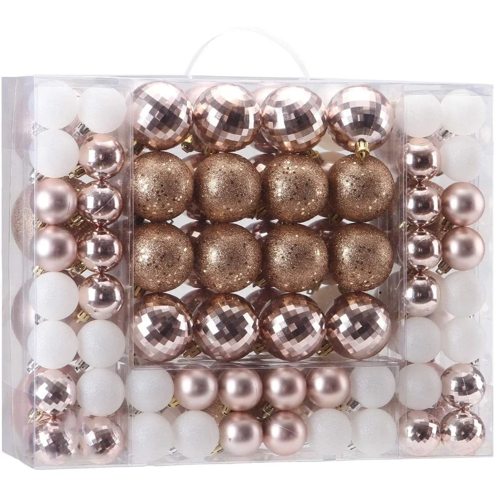 Personalized Christmas Tree Decoration Hanging Bauble Set 87ct Assorted Shatterproof Plastic Rose Gold Christmas Ball Ornaments