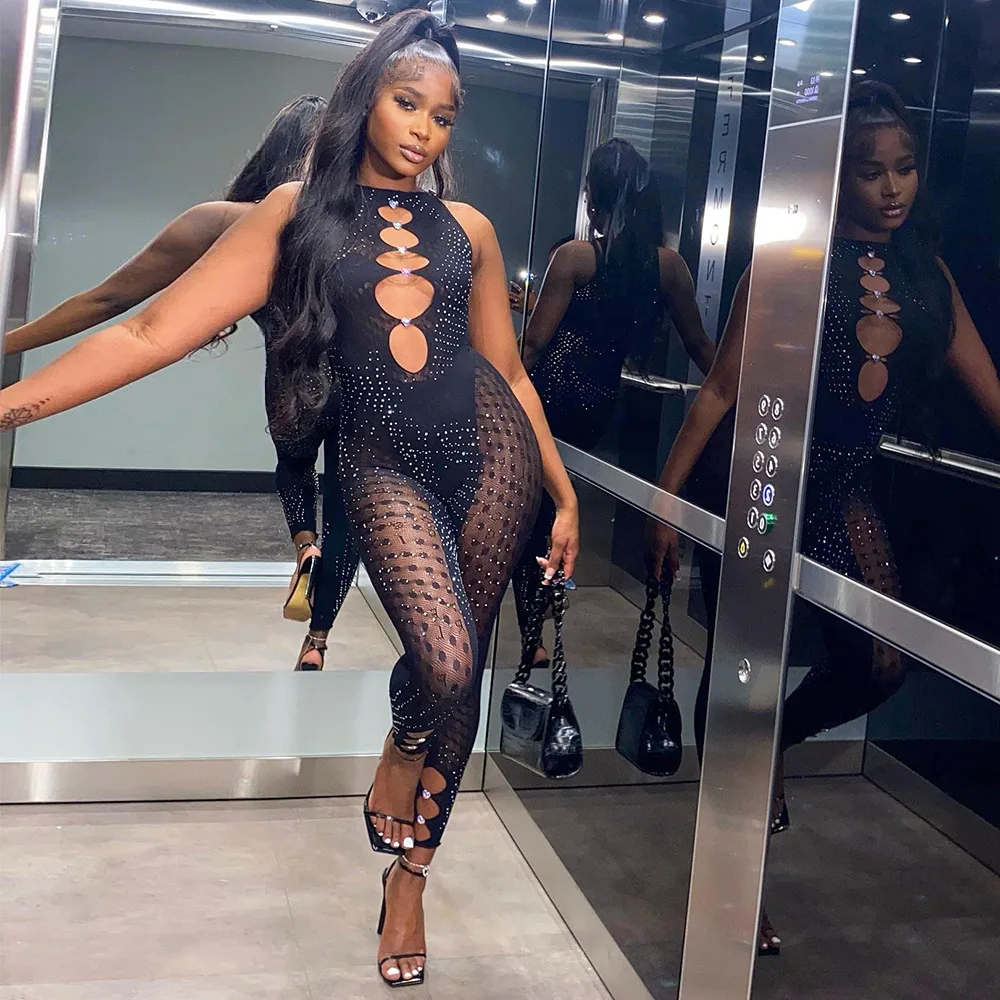 Wholesale new arrivals 2022 ladies o neck hollow out patchwork rhinestone flash mesh see through sexy jumpsuit