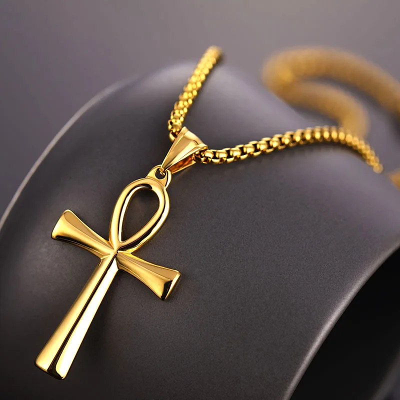 Luxury Religious Ankh Cross Pendant Necklace Fashion Womens Egyptian Mens Jewelry Stainless Steel Amulet Pendant Chain Gift