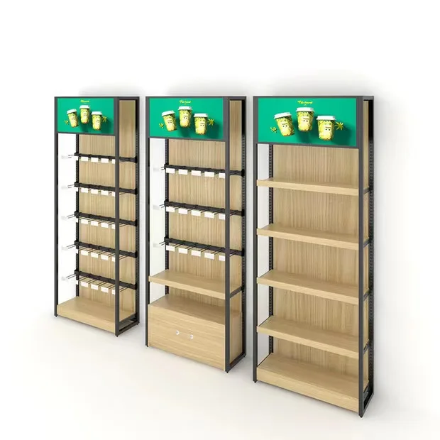 Supermarket Wooden Shelves Black Wood Shelf Gondola Store Equipment Display Counter For Retail Store