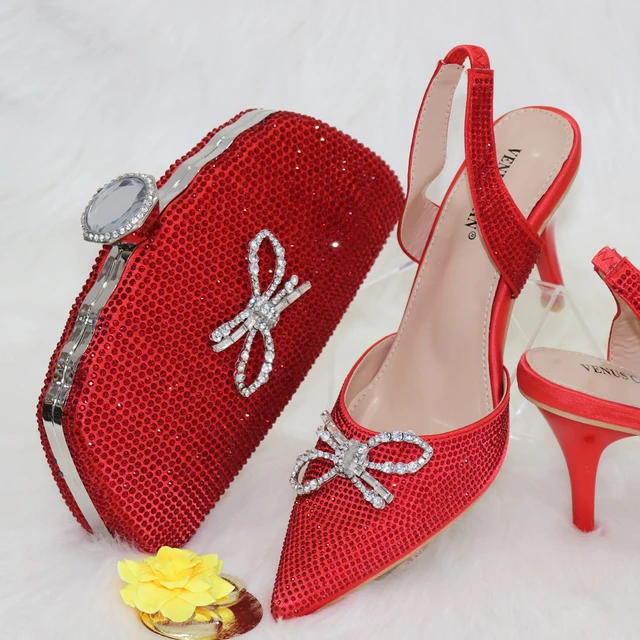 MD-188 2022 Latest Custom Logo Luxury tote bag with beaded bow ties high heels set Party Wedding high heel sandals handbag set