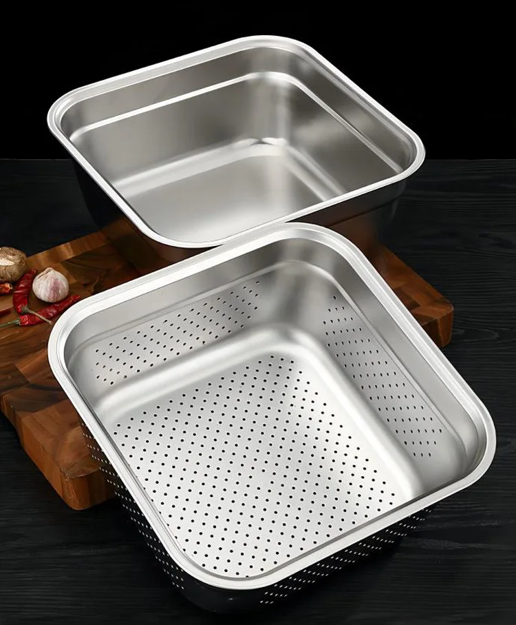 Stainless steel basin square fruit and vegetable salad basin rectangular washbasin thickened and basin fruit and vegetable drain