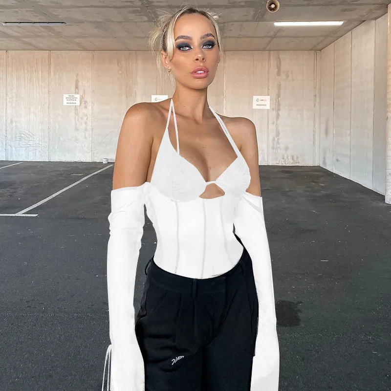 New Trend Sexy Club Mesh One Piece Spandex See Through Backless Summer Halter Longsleeve Fishnet Sheer Bodysuits For Women