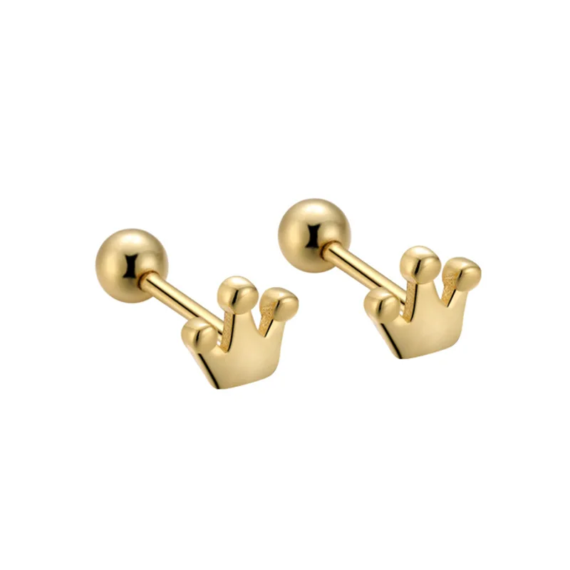 Gold Plated 925 Sterling Silver Mini Cute Crown Zircon Stud Earrings for Women Girls Spiral Ball Beads Fashion Jewelry