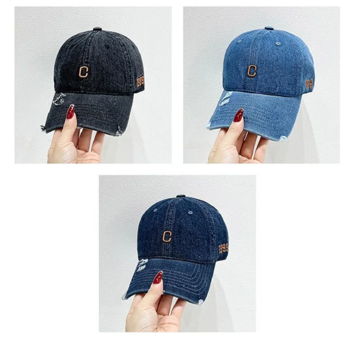 Custom Embroidered Washed Denim Jean Distressed Made Worn Out Baseball Cap Hat