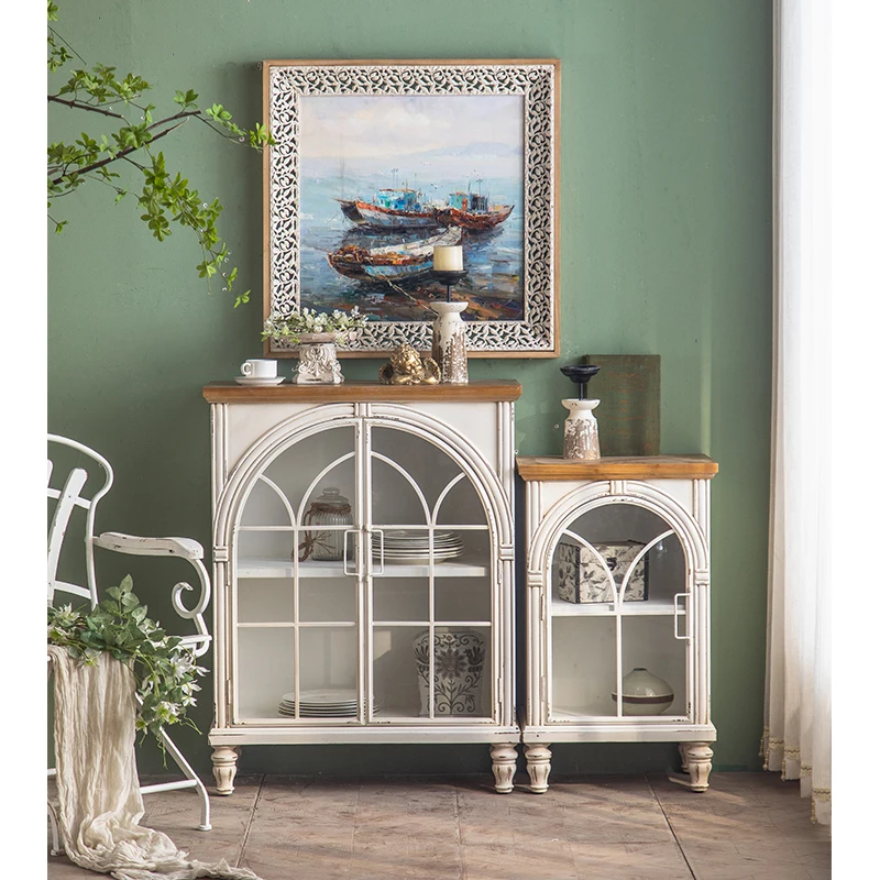 Contemporary European Vintage Kitchen Retro White Wood Storage Cabinet Showcase Display Stand Dining Living Room Furniture