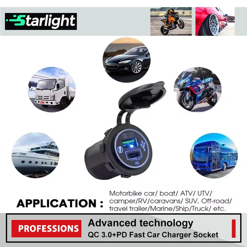 Car USB Charger Socket 12V 24V Waterproof QC3.0 Blue LED Fast Charger Socket for Car Boat Marine RV Truck