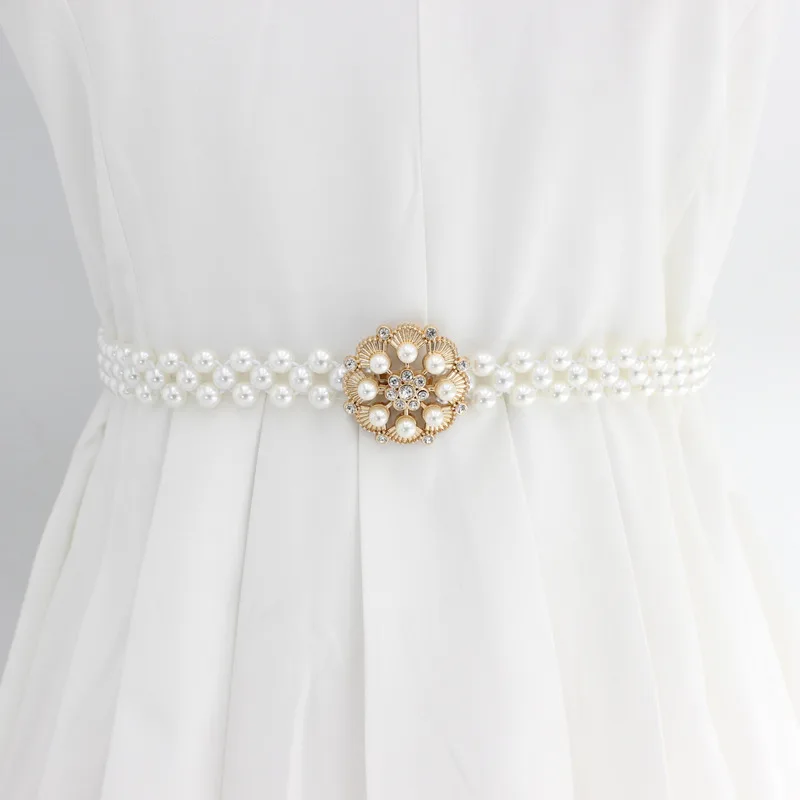 Lady Rhinestone Pearl Waist Chain Fashion Dress Decorate High Elastic Belt Female Sweet Flower Waistband