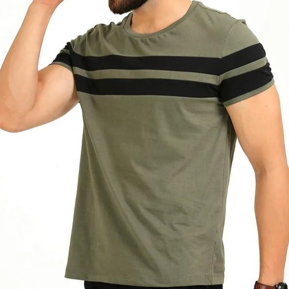 
Wholesale Direct Factory Sale Blank Custom Branded 100% Cotton khaki with black stripes Men T Shirt 