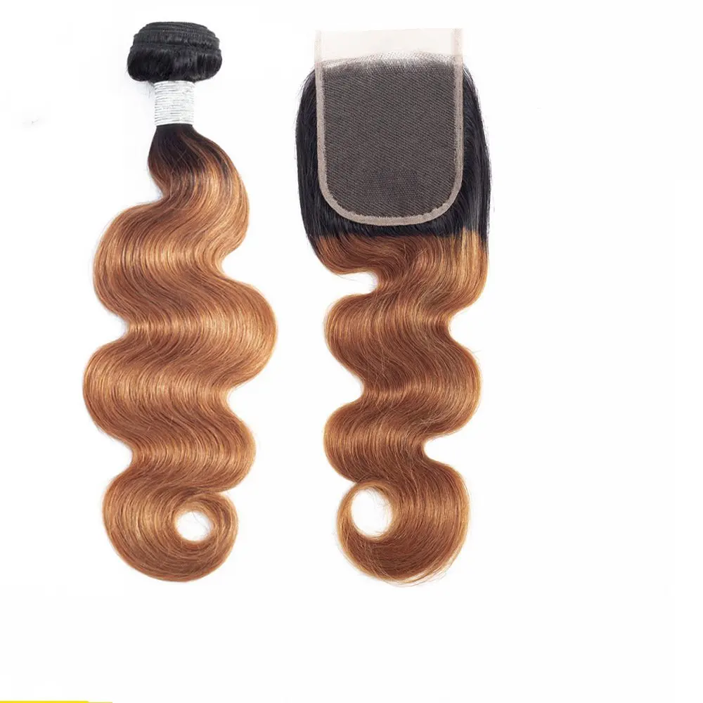 ombre T1B 30 Body Wave Human Hair Bundles With Closure Brazilian  REMY Hair Weave
