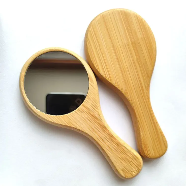 Natural Bamboo Handheld Makeup Cosmetic Compact Round Mirror Hand Mirror Logo Bamboo Pocket Mirror