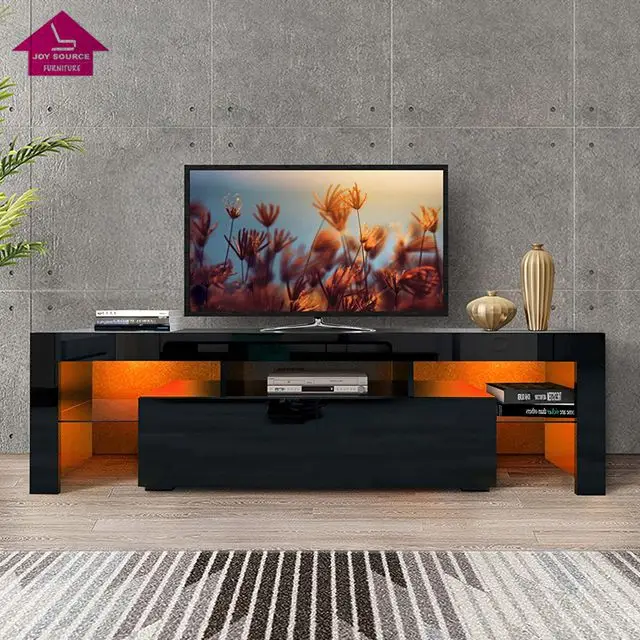 TV Stand with LED Lights, 2 Drawers and Open Shelves, High Gloss Entertainment Center Media Console Table Storage Desk Modern