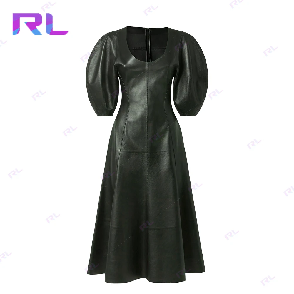 2024 Puff Sleeve Mini Dresses Clothing Design Women Faux Leather Dress For Ladies