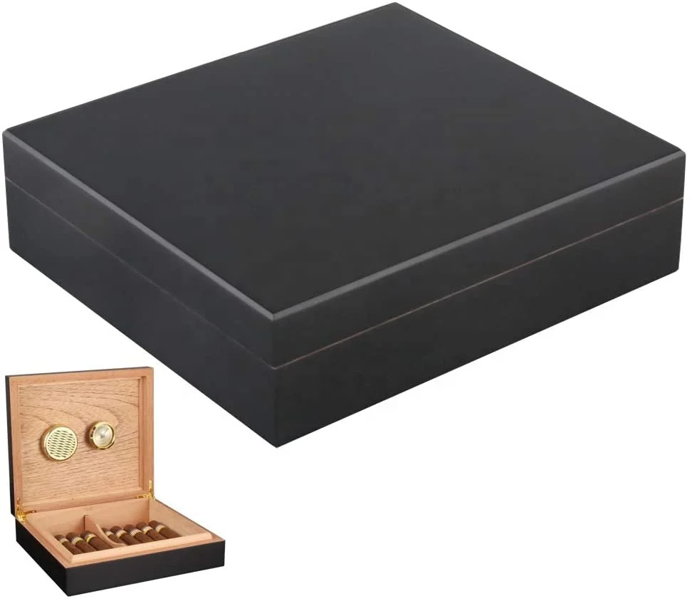 Black Desktop Cigar Humidor Box Humidifier Hygrometer Cedar Lined Holds cigarette case to 20-30 Cigars Box