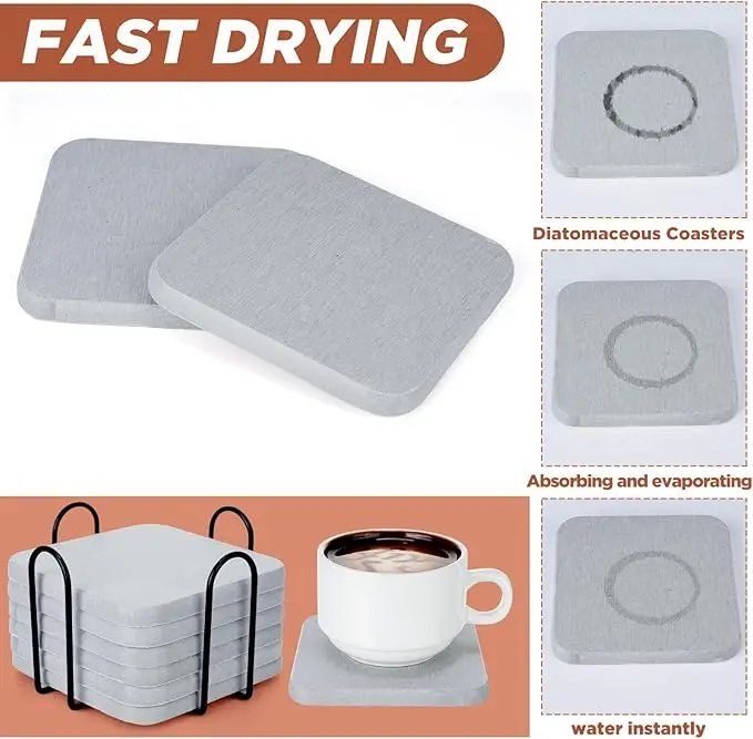 CF DCC07 Set of 6 Pcs Diatomaceous Earth Coasters Absorbent Square Diatomite with Tabletop Holder Mat/Pad for Countertop Decor