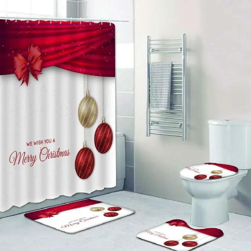 Non Slip Floor Rug 4 Piece Shower Curtain Sets with Rugs Elegant Reindeer Xmas Merry Christmas Bathroom Set for Bathroom