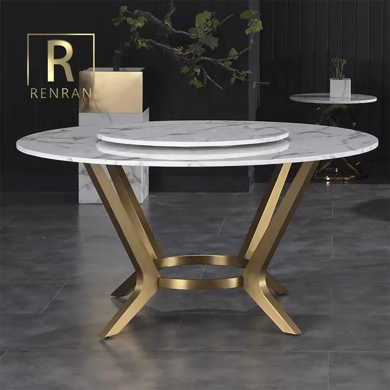 Modern contemporary new design dining room tables furniture sets stainless steel legs round marble stone top dining table