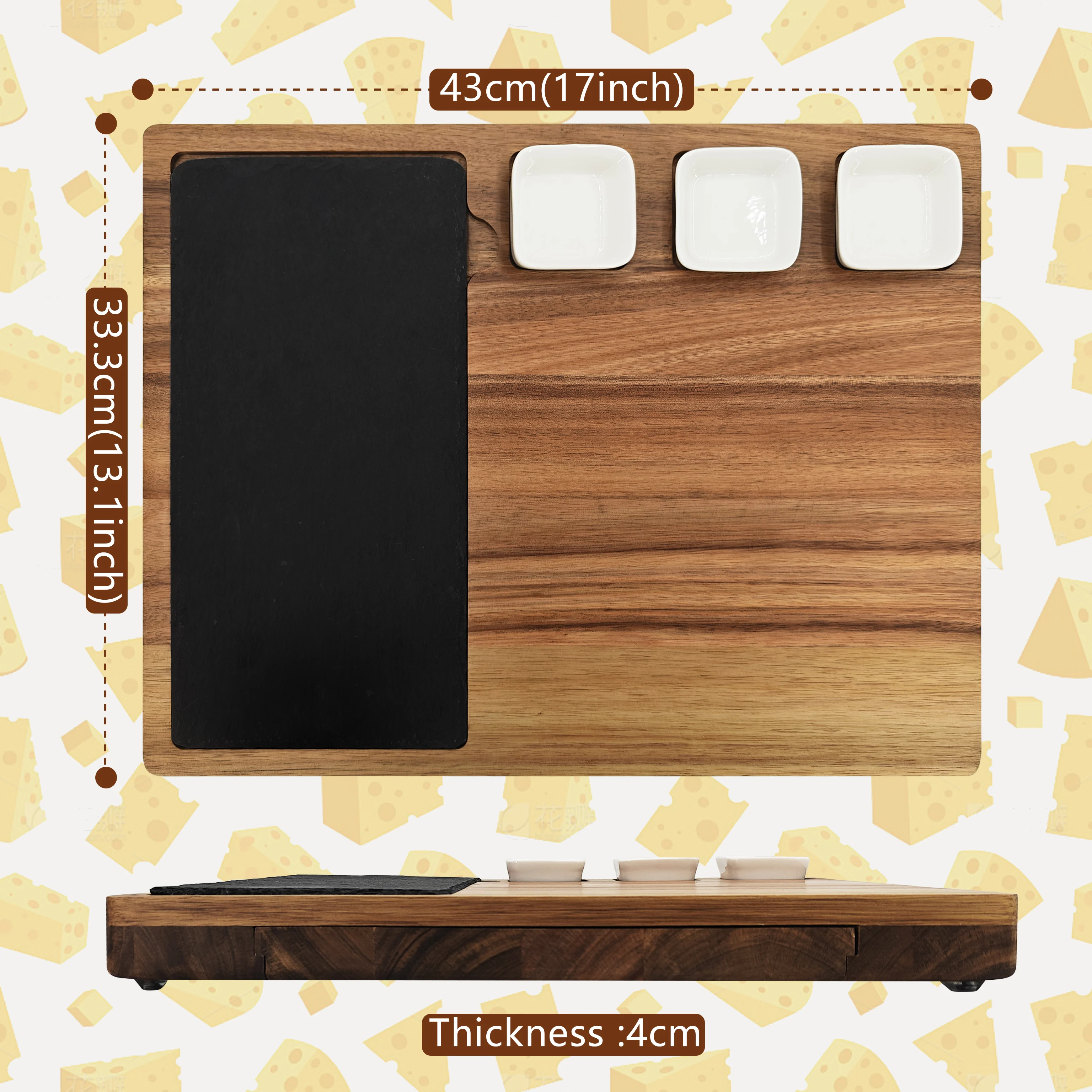 High Quality Acacia Wood Cutting Board Set Large Wooden Charcuterie Cheese Board and Utensil Set with 3 Ceramic Dishes
