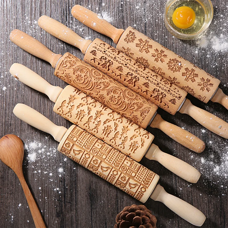 Ручная скалка для выпечки «сделай сам», инструмент для выпечки с изображением лося, снежинки, тисненый, из оливкового дерева, для кухни и дома