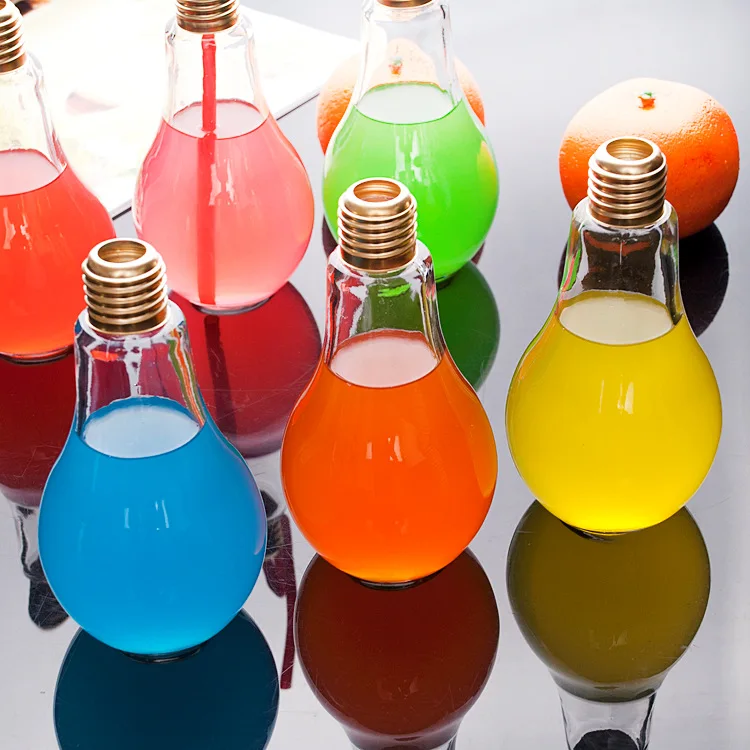 Wholesale empty eco friendly juice bottles light bulb shape glass fruit wine beverage bottle water with screw cap