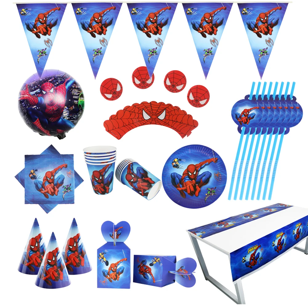 Spider man Party supplies Set Box Napkins Plates Tablecloth Cups Knives Forks Spoons Spiderman Birthday Party Decoration Kids