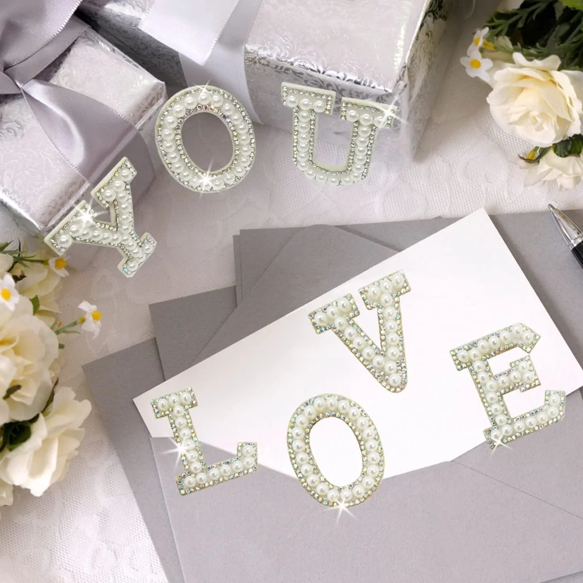 full color Alphabet Pearl Rhinestone Words Iron on Patches Applique 3D Handmade DIY Patch Cute Initial Letter Patches for Cloth