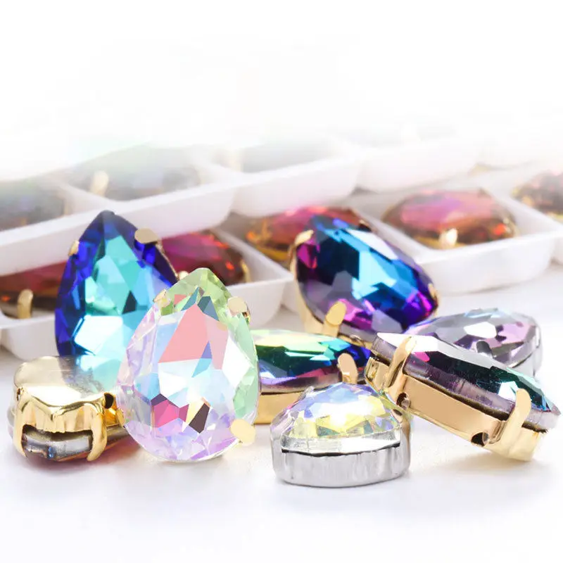 Anwen 10*14mm Drop shape Glass Stone With Metal Claw Golden setting Sew On Clothes crystal  For Garment rhinestone accessories