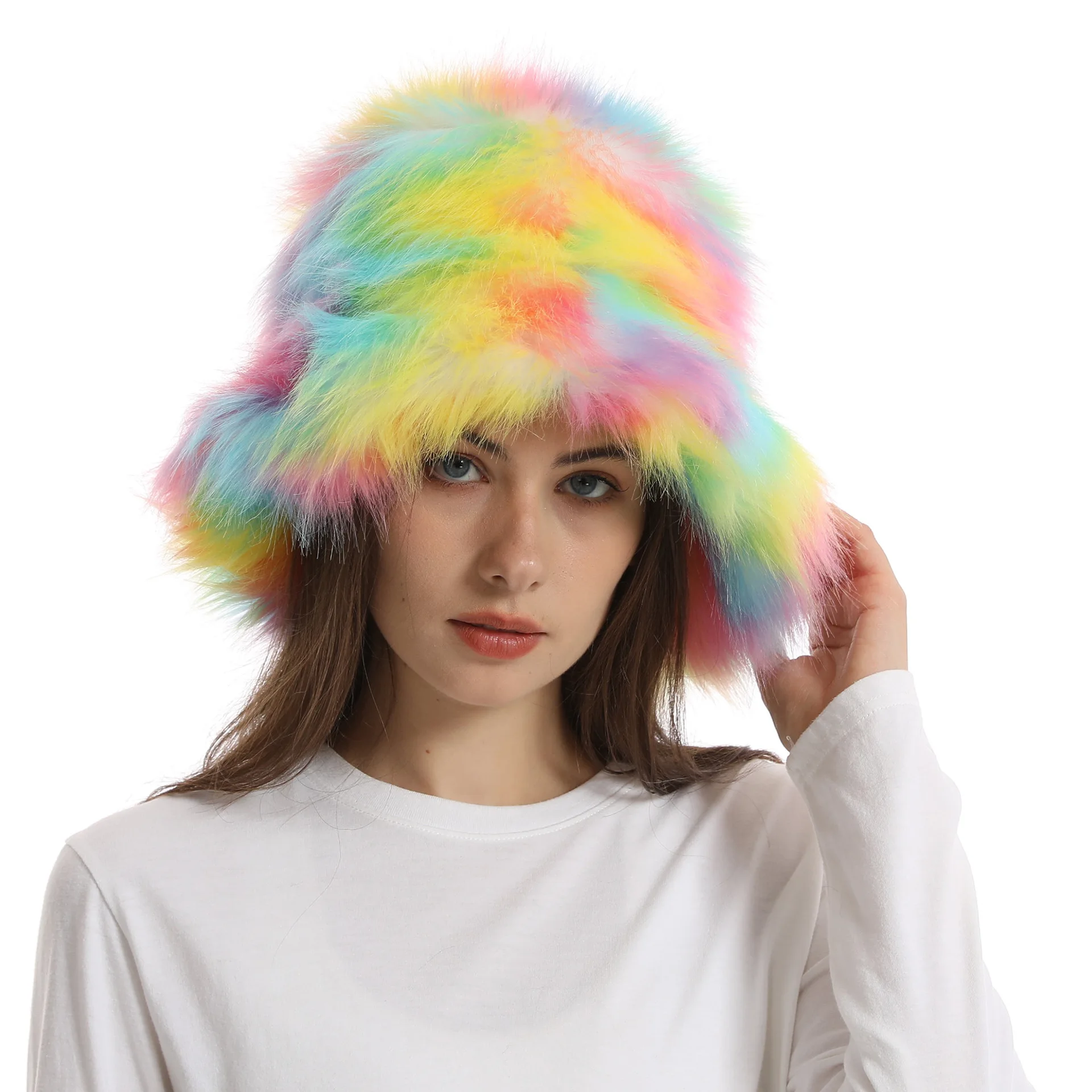 New Rabbit Fur Bucket Hats For Women Keep Warm Big Head Around Ear Protection Winter Panama Plush Fisherman Caps
